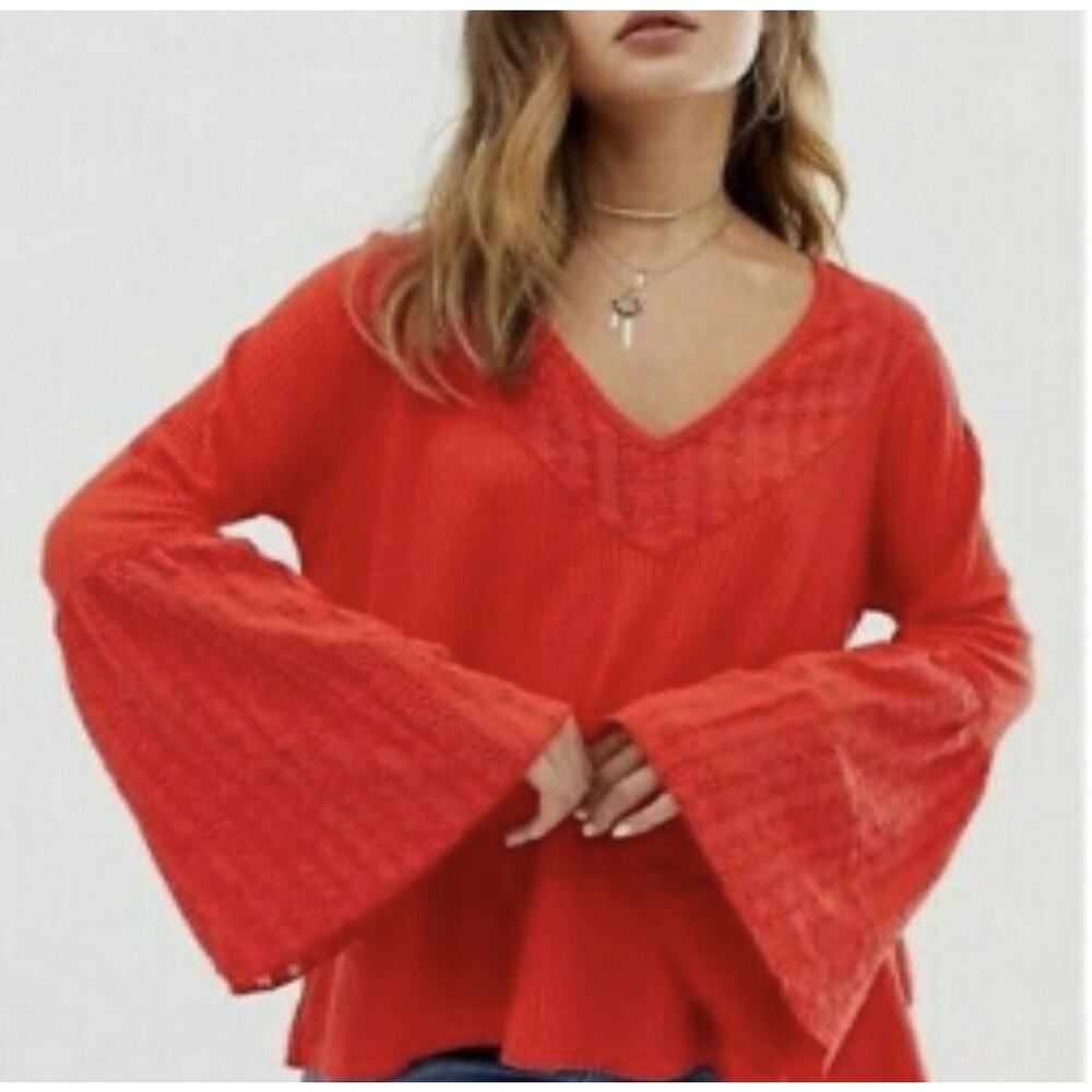 Free People Top Parisian Nights Vermillion Red Bell Sleeve Waffle Womens Small